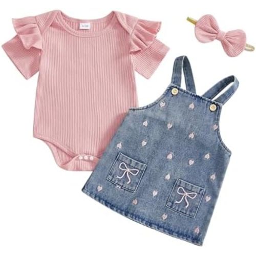 MAINESAKA My First Valentines Day Baby Outfit Newborn Girl Denim Overall Skirt Set Short Sleeve Rib Romper Suspender Dress