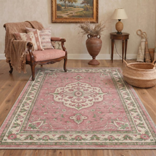 Bungalow Rose Abdullah Valorius Floral Machine Washable Pink / Green / Beige Indoor Area Rug with Non-Slip Backing | Wayfair