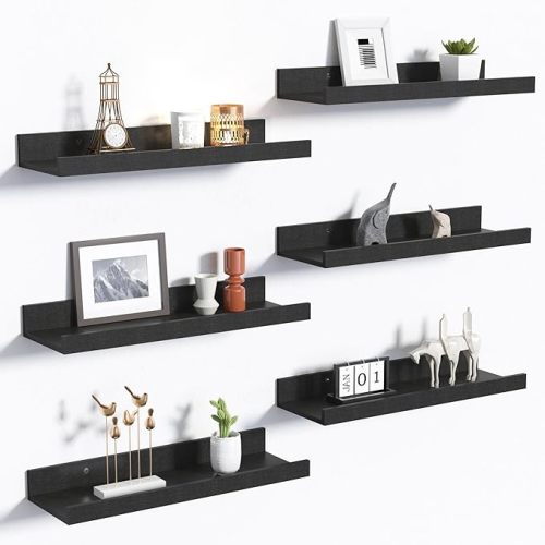 upsimples Floating Shelves for Wall, Wall Shelves for Decor Storage Set of 6, Wall Mounted Wood Shelf for Bedroom, Living Room, Bathroom, Kitchen, Picture Ledge Shelf, Black