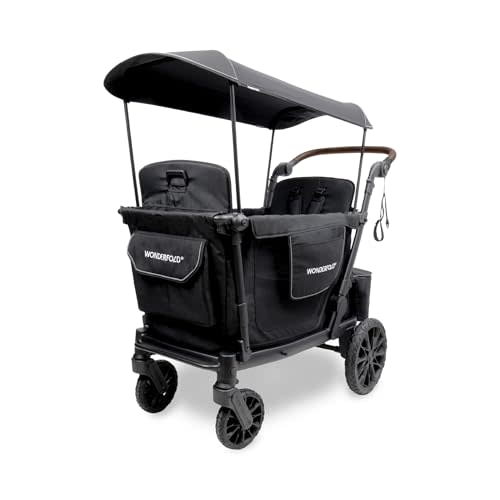 WonderFold L2 Stroller Wagon, Aluminum Frame, 2 Seater, Black | Collapsible Stroller Wagon with an Adjustable Canopy & Push Handle, All-Terrain Wheels & Built-in Storage for Kids