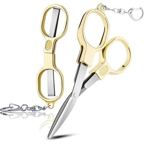 2 Pcs Folding Stainless Steel Portable Mini Small Travel Scissors, Safety Foldable Pocket Badge Nursing Scissors with 2 Keychain for Travel, Home, Office, Craft, Sewing (Gold)