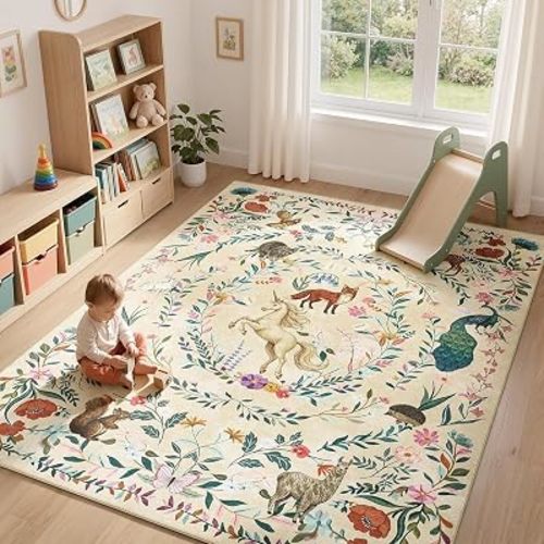 jinchan 8x10 Kids Playroom Rug Washable Woodland Whimsical Unicorn, Cream