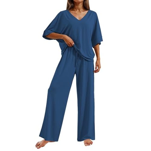 Ekouaer Pajama Sets Womens 2 Piece Short Sleeve Long Pants Pjs Lounge Set | Soft Comfy Pjs with Pockets,Casual V Neck Sleepwear,Matching Set for Travel,Maternity,Daily,Outfits