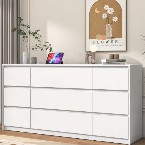 Chvans White 9 Drawers Dresser with Charging Station, Modern 63 inch Long Wood Chest of Drawers for Bedroom, Living Room