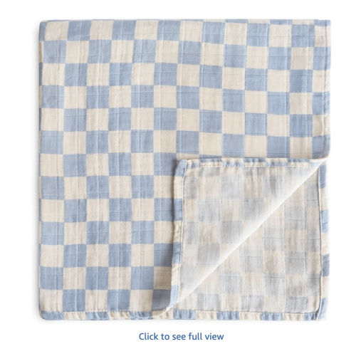 mushie Muslin Baby Swaddle Blanket | 100% Organic Cotton (Blue Check)