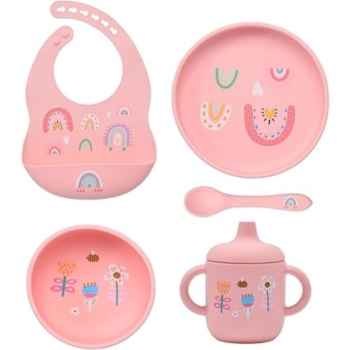silicone baby feeding set, Baby Led Weaning Supplies，Cutlery Feeding Supplies, Baby Utensils Feeding Essentials for Starting Solids，5 Piece Set (pink)