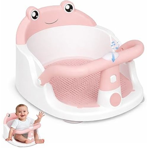 Baby Bath Seat for Babies 6 Months & Up - One-Handed Snap-On Armrest Baby Bath Chair | 4 Suction Cup Non-Slip Baby Bathtub Seat with Storage Bag | Ergonomic Infant Bath Seats for Baby Sitting Up Pink