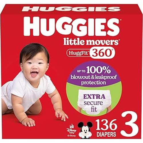 Huggies Size 3 Baby Diapers, Little Movers HuggFit 360° Baby Diapers with 360° Waistband, Size 3 (16-28 lbs), 136 Count, Packaging May Vary