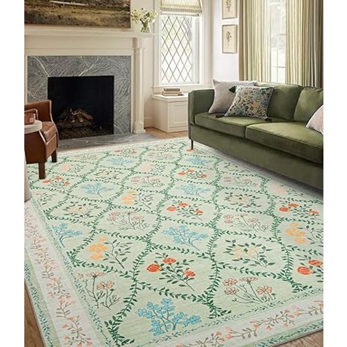 YIHOUSE 8x10 Washable Rug for Living Room, Green Floral Rugs for Bedroom Boho Area Rug Non Slip Ultra-Thin Large Rug for Kids Playroom, Classroom, Girls Dorm, Nursery, Green Multi