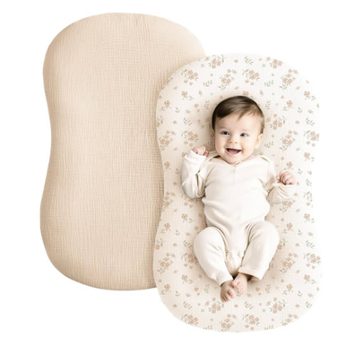 Konssy Muslin Baby Lounger Cover 2 Pack, 100% Cotton Newborn Lounger Cover, Soft and Breathable Baby Nest Slipcover for Boys Girls (Summer Wheat, Pear)