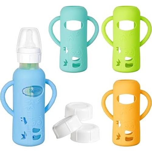 3 Pack Silicone Sleeve with Handle + Narrow Storage Caps, Anti Breakage Baby Bottle Holder, Compatible Dr. Brown's Narrow Baby Bottle(Orange+Blue+Green), 8 oz/250 mL