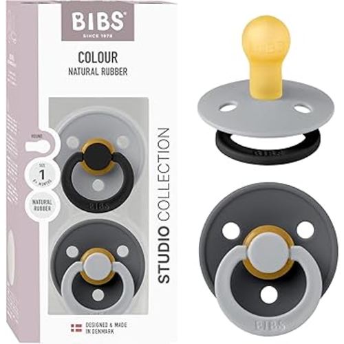 BIBS Colour Studio Pacifier 2-Pack, BPA Free, Round Nipple. Natural Rubber Latex, Made in Denmark, Size 1 (0-6 Months) - Cloud/Iron