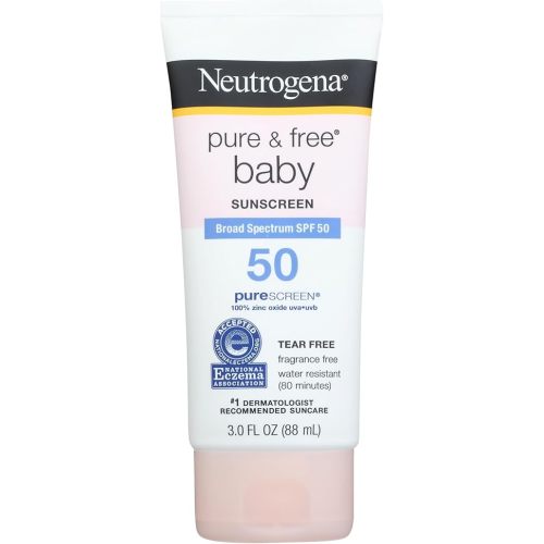 Neutrogena Pure & Free Baby Mineral Sunscreen Lotion with Broad Spectrum SPF 50 & Zinc Oxide, Water-Resistant, Hypoallergenic & Tear-Free Baby Sunscreen, Paraben-Free, Dye-Free, 3 fl. oz, 1 Pack