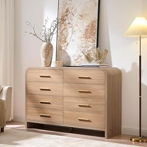 Curved 8 Drawer Dresser for Bedroom, 53.82'' Wide Chest of Drawers, Modern Storage Cabinet for Hallway & Living Room TV Stand, FSC Certified 1.18" Thick Board, 100 lbs Top Weight, Oak
