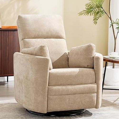 Manual Recliner 360°Swivel Rocker Glider Chair,Nursery Swivel Rocking Glider Chair,Upholstered Adult Rocking Recliner Chair with 2 Pillows for Living Room Bedroom (Khaki, Manual Operation)
