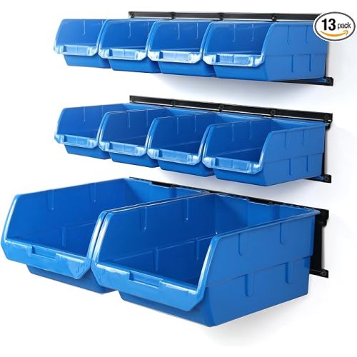 Wallmaster Wall Mounted Storage Bins, Wall Storage Bins Parts Rack 10 Bins&3 Rails Wall Mount Tool Organizer Hardware Storage Organizer (Blue)