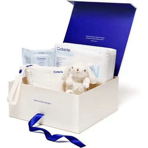 Coterie The Newborn Gift Set, Size Newborn Diapers (31 Count) & Size 1 (33 Count), 1 Travel Size Pack Baby Wipes (18 Count), Plant Based Materials, Hypoallergenic for Sensitive Skin, Baby Essentials