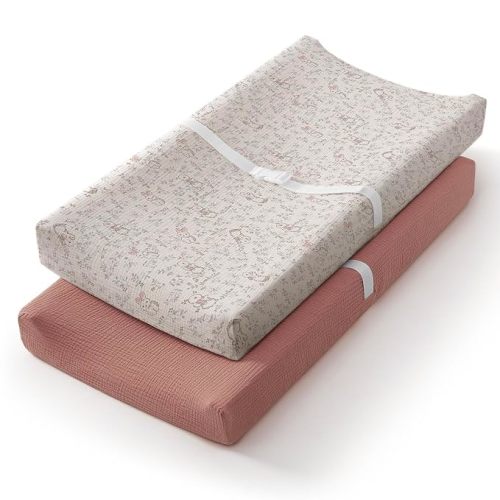 Blissful Diary Muslin Changing Pad Cover for Baby Girls Boys, Ultra Soft Breathable Cotton, Baby Diaper Change Table Pad Covers, 2Pack (Checkered Beige & Checkered Brown)