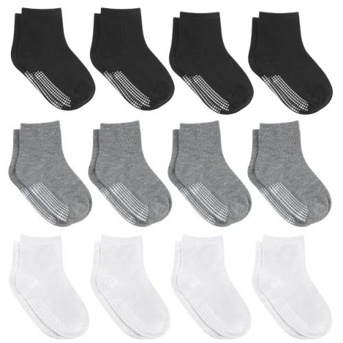 Debra Weitzner Toddler Non-Slip Crew Socks with Grips for Boys & Girls – 12 Pairs 6M-12M Black/White/Gray