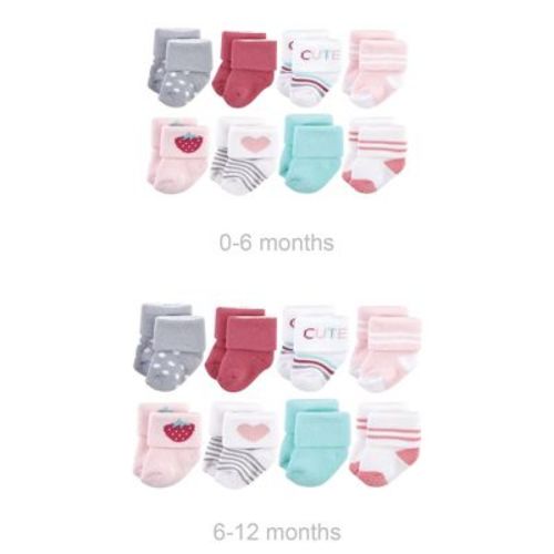Hudson Baby Infant Girls Grow with Me Cotton Terry Socks, Strawberry 8-Pack, 0-6 and 6-12 Months
