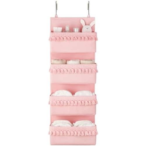Over The Door Organizer Boho Nursery Storage Decor Closet Hanging Organizer with Tassels Decoration for Bedroom Nursery Bathroom Apartments Dorm Pantry, 4 Pockets, Pink