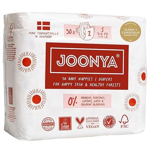 Joonya Baby Diapers, Size 2 S (7-13 lb) - 1 Bag of 30 - Non Toxic, Eco-Friendly, High Absorbency, Overnight Use, Ultra Slim & Soft - Made in Denmark