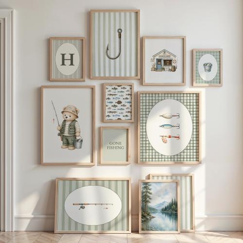 Fishing Nursery Gallery Wall Art Set of 12, Vintage Fisherman Bear Prints, Rustic Lake House Nursery Decor, Boy Fishing Room Printable Art