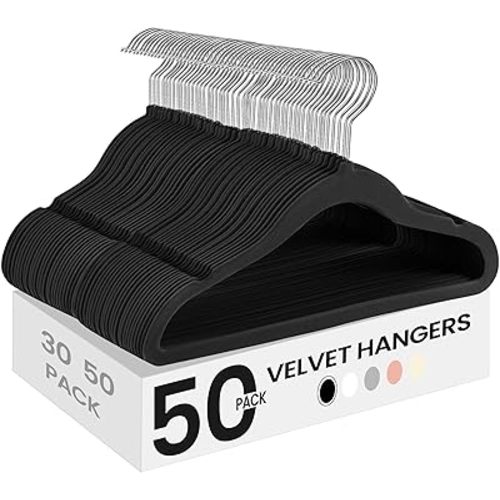 SONGMICS Baby Kids Hangers 50 Pack for Closet, 11.8 x 8.1 Inches, Silver 360° Swivel Hooks, Space-Saving Clothes Velvet Hangers for Nursery, Non-Slip, Ink Black UCRF027B05