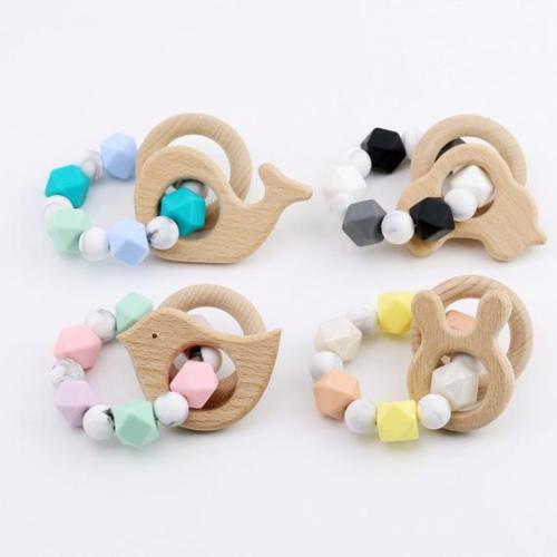 Custom Silicone Teething Toy Beech Wood Teether Rattle Newborn Baby Gift For Baby Shower Gift Wooden Teething Ring Chew Toy