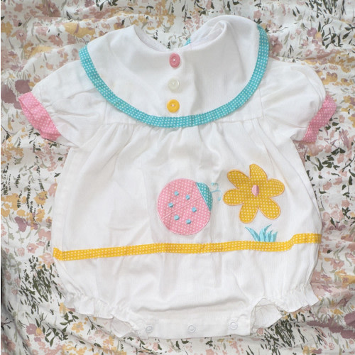Mayfair Kids White Polka Dot Romper 3-6 Months Peter Pan Collar Ladybug Appliqué