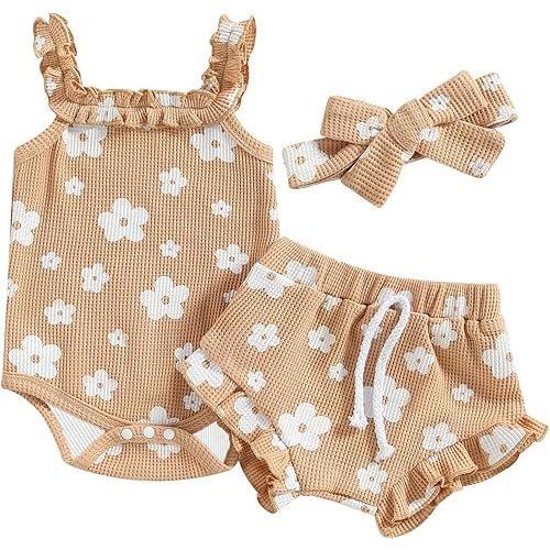Newborn Infant Baby Girl Summer Clothes Outfits Set Floral Print Romper Tops Drawstring Short Headband Clothes Set