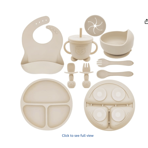 Silicone Baby Feeding Set | Baby Led Weaning Supplies Includes Suction Bowls and Divided Plates, Adjustable Bib, Baby Utensils Spoons and Forks,Cup | Baby Feeding Essentials (Beige)