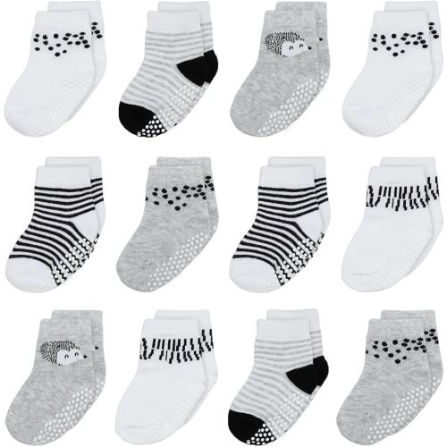 Mother's Choice Organic Cotton Baby Socks 6-12 Months, 12 Pairs Unisex Anti Slip - Soft & Hypoallergenic Baby Girl & Boys Socks (US, Age, 6 Months, 12 Months, Gray - White)