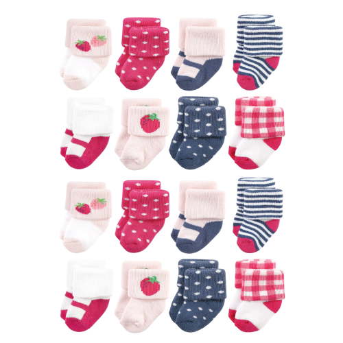 Hudson Baby Cotton Rich Baby Terry Socks 16-Pack, Pink Strawberry, 0-6 Months