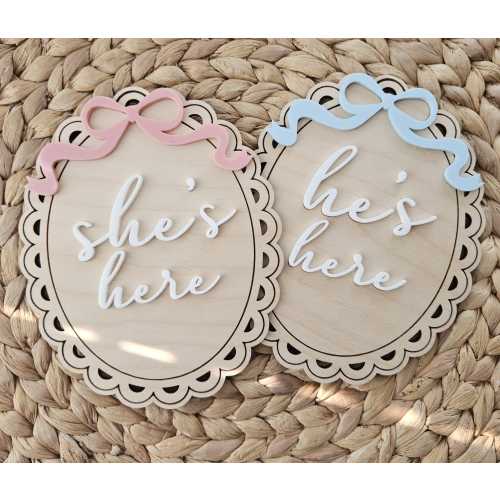 Bow Coquette Gender Reveal Photo Prop | He's Here | She's Here | Gender Reveal Announcement Signs | Newborn Birth Announcement Sign