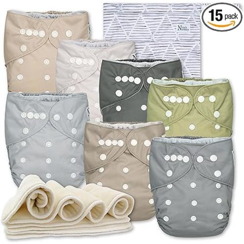 Nora's Nursery Cloth Diapers 7 Pack with 7 Inserts & 1 Wet Bag - Waterproof Cover, Washable, Reusable & One Size Adjustable Pocket Diapers for Newborns and Toddlers - Sand and Stone