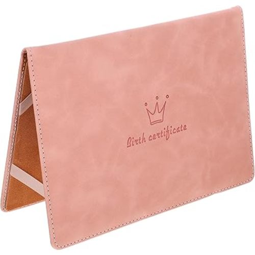 STOBOK Pink Leather Birth Certificate Sleeve - Protective Holder for Baby'S Important Documents Stylish Crown Design Universal Fit Lightweight and Waterproof