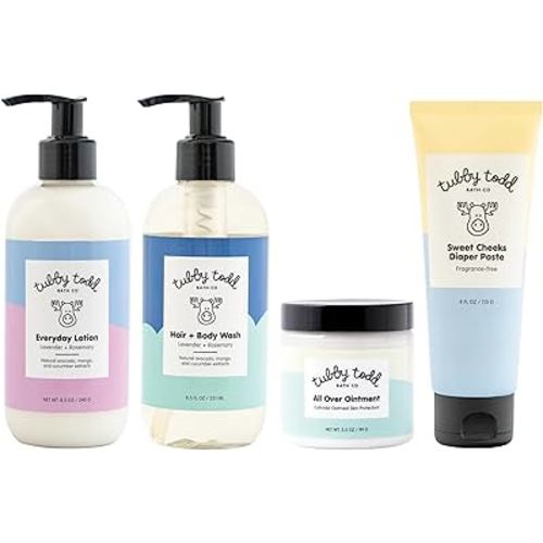 Tubby Todd Baby Bath & Skincare Kit - The Baby Bundle - Shampoo and Body Wash, Everyday Lotion 8.5 Oz, All Over Ointment 3.5 Oz & Diaper Paste Cream 7.9 Oz Gift Set - Lavender Rosemary