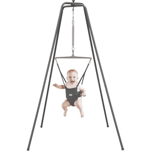Jolly Jumper ELITE (Grey) Baby Exerciser - Sturdy Frame, 6 ft Tall Stand Baby Jumper, Indoor and Outdoor Exercise Saddle Seat, Adjustable Height, for Infants up to 28lbs