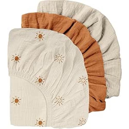 Gllquen Baby Muslin Mini Crib Sheets 3 Pack, Breathable Pack and Play Sheets Fitted Soft Cozy Cotton Pack N Play Sheets for Baby Boy Girls, Universal Fitted Mini Crib Mattresses 38"x26" (Yellow)