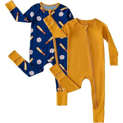 Chichoo Rayon from Bamboo Baby Pajamas Boy 2pack Baseball Football Infant 2 Way Zipper Pjs Romper Newborn Footless Sleeper