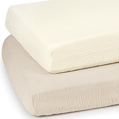 Baby Muslin Crib Sheets - Toddler Cotton Fitted Crib Sheets Neutral for Boys and Girls 2Pack - White & Cream