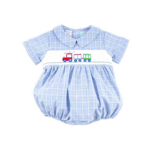 Train Smocked Blue Plaid Collared Bubble