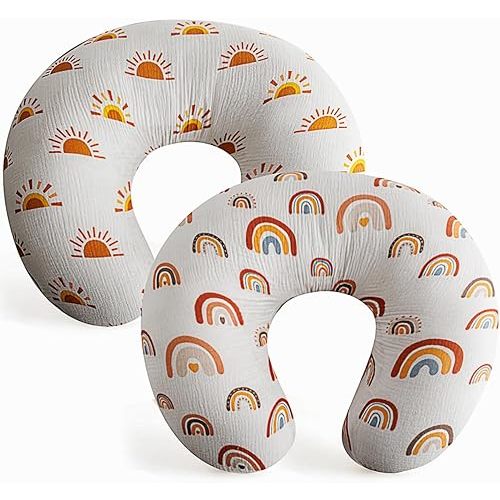 2 Pack Muslin Nursing Pillow Cover 100% Cotton Boho Neutral Stretchy Removable Baby Nursing Covers for Breastfeeding Pillows Soft Pillow Slipcover for Newborn Baby Boy or Girl (Boho)