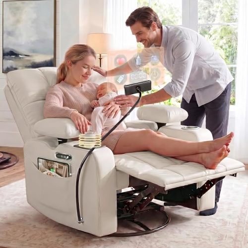 Power Rocking Chair Nursery, Electric Glider Recliner Chair with Night Light & Smart Cup Holder, Oversized Nursing Chair for Breastfeeding with Adjustable Armrest Lumbar Headrest Support, Beige White