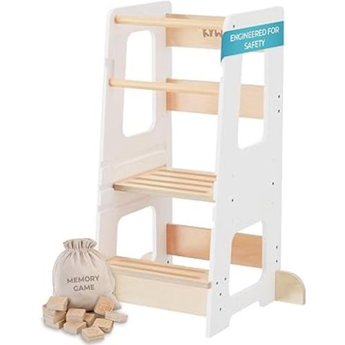 KYWAI® Toddler Kitchen Stool Helper, Adjustable Standing Tower with Safety Rails, Anti-Tip Design & Non-Slip Stickers, Sustainable Product with Extra Memory Game Made from Leftover Wood (White)