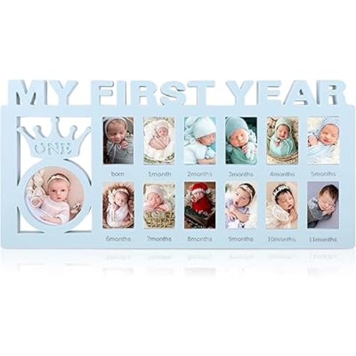 Unittype My First Year Baby Picture Frame Newborn Baby's First Twelve Months Photo Collage,12 Month Milestone Keepsake Frame for Photo Memories Baby 1st Birthday Mothers Day Gift(Blue)