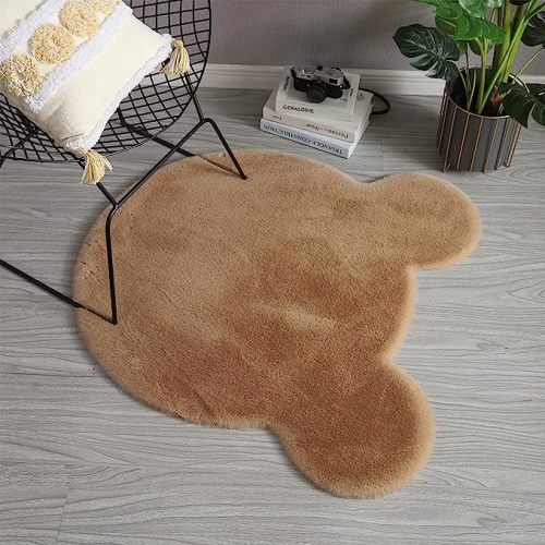 Cute Area Rugs for Bedroom Aesthetic 3 x 3 Feet Kawaii Cartoon Bear Carpet Kids Rug for Nursery Toddler Teen Girls Room Home Decor Soft Shag Fluffy Faux Rabbit Fur Rug with Suede Backing