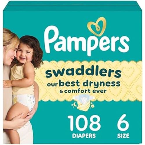 Pampers Swaddlers Diapers, Size 6 (23-44 lbs), 108 Count, Absorbent, Keeps Baby Dry and Comfortable, Skin Safe Disposable Baby Diaper (Packaging May Vary)