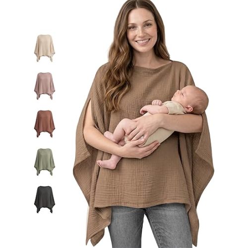 Konssy Muslin Nursing Cover for Breastfeeding, 360° Full Privacy Breathable 100% Cotton Breastfeeding Cover, Multi-use Carseat Canopy(Brown)